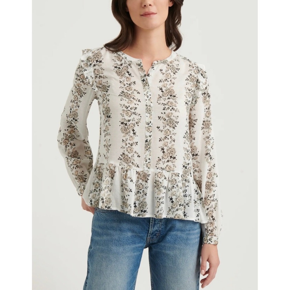 Lucky Brand‎ Womens Floral Ruffle Peplum Blouse White Tan Long Sleeve Small